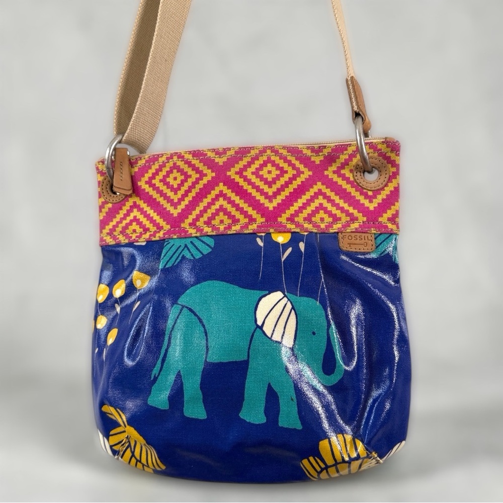 Fossil Key-Per Crossbody Bag Colorful Elephant Floral  Canvas Purse Adjustable